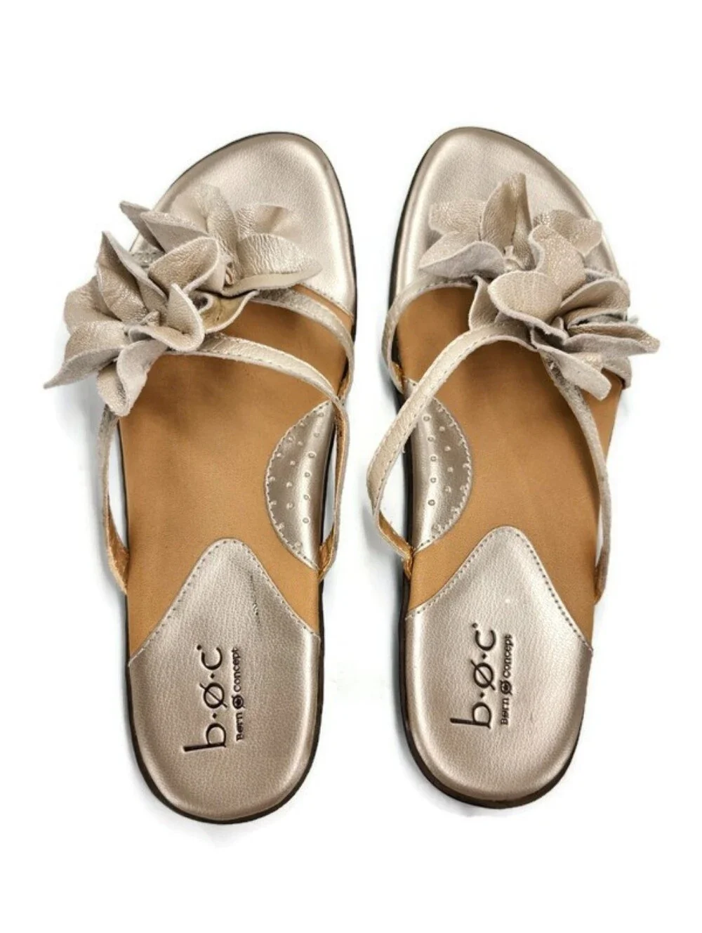 b.o.c. Born Hensley Pale Gold Floral Leather Strappy Flat Slide-On Sandals